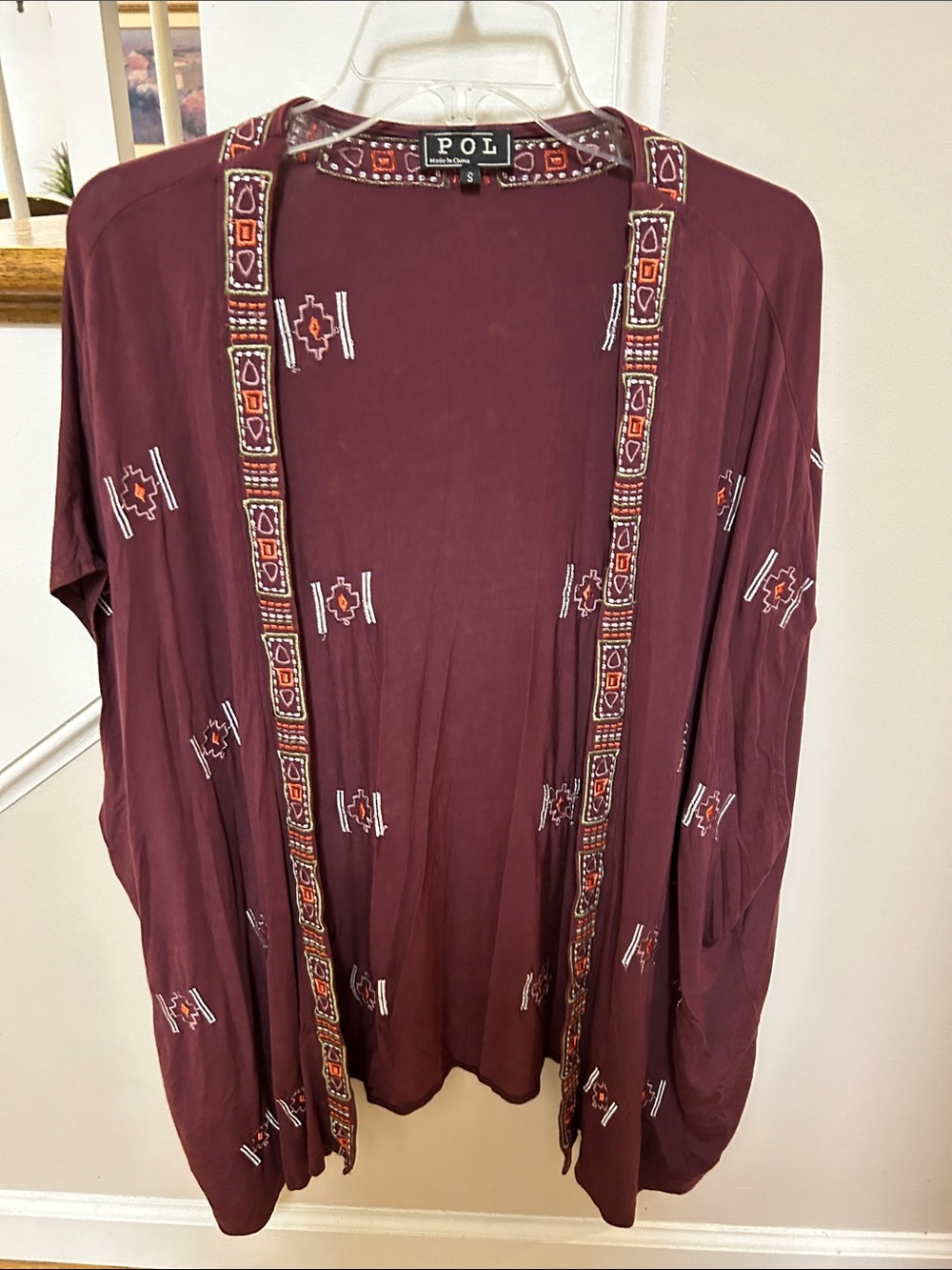 POL Burgundy S Open-Front Embroidered Trim bat wing kimono top